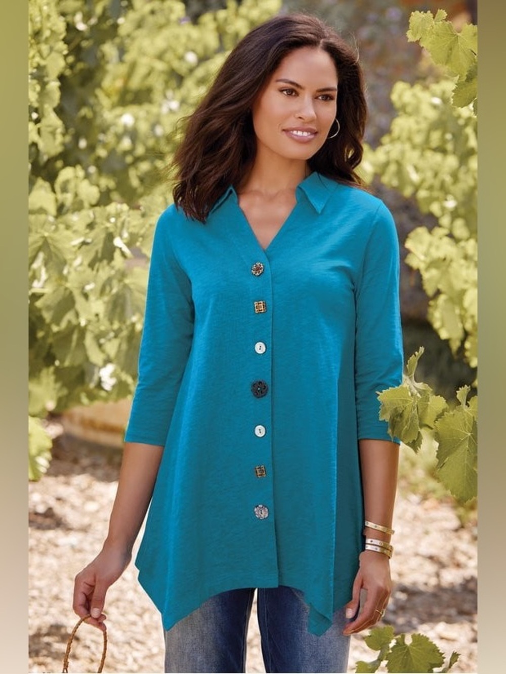 Soft Surroundings Danielle Button 3/4 Sleeve Tunic Teal Button-Front Top